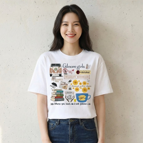 T-shirt Coréen Blanc Imprimé