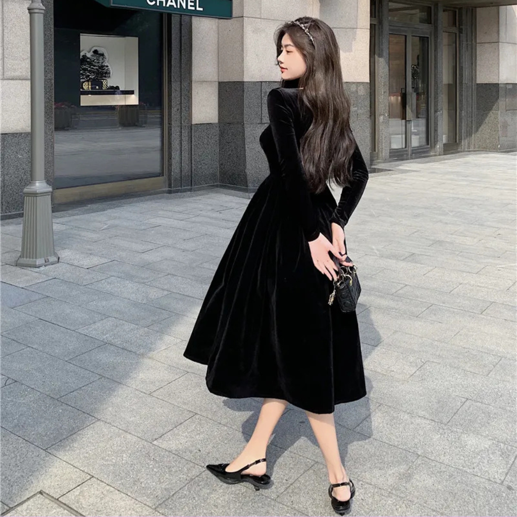Robe Midi en Velours Noir