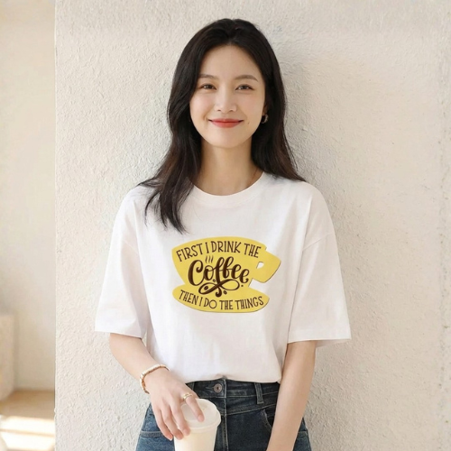 T-shirt Coréen Blanc Imprimé