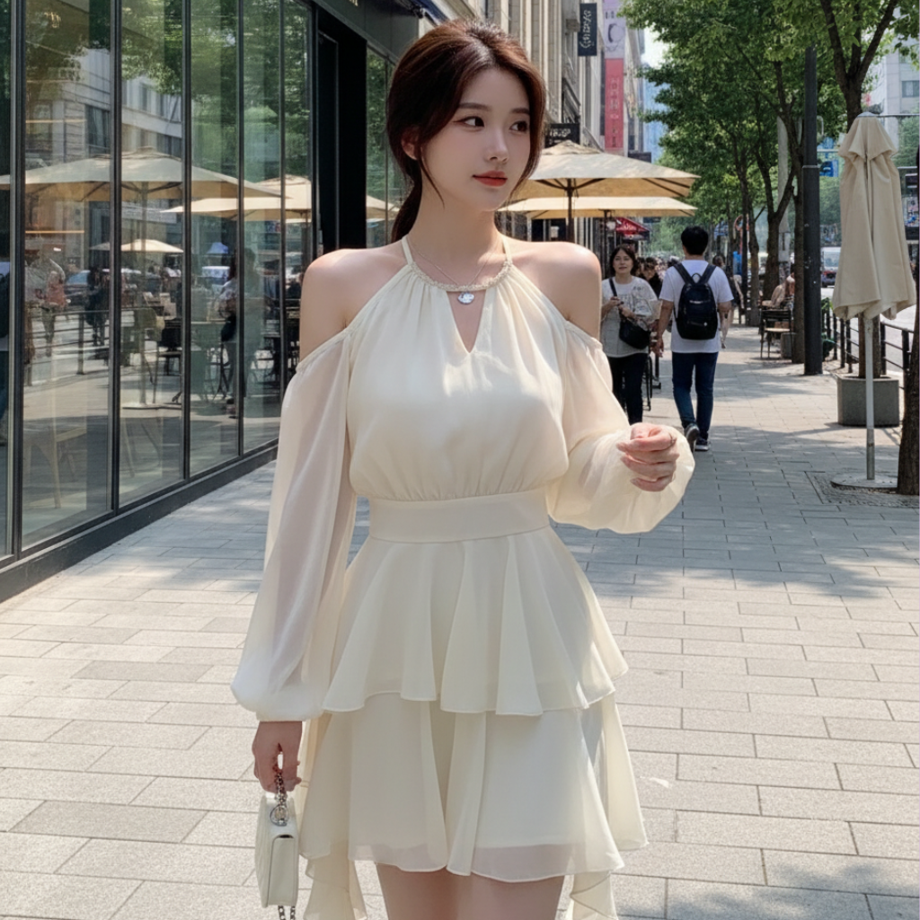 Robe Halter à Manches Bouffantes