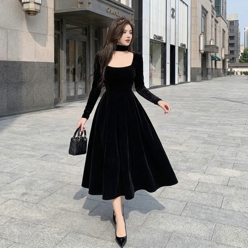 Robe Midi en Velours Noir