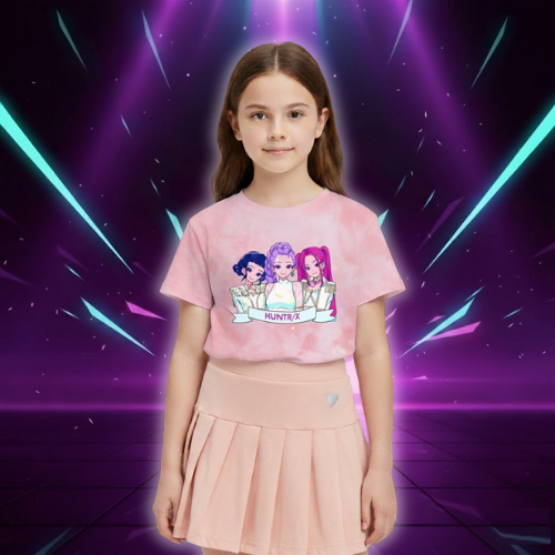 KPop Demon Hunters Tie-dye T-shirt Girls Short Sleeve Tops Rumi Mira Zoey Printed Tee Shirts Kawaii Summer Children's Clothing