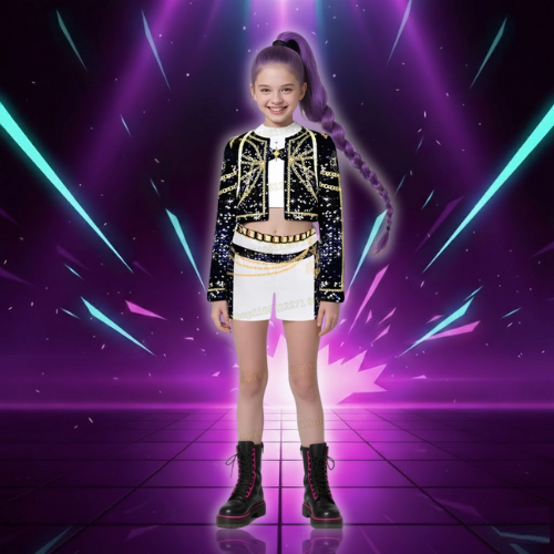 Kids Girls 3Pcs Demon Cosplay Singer Outfit Iridescent Gloss Crop Top Long Sleeve Trim Sequins Outer Wear and Waist Chain Shorts