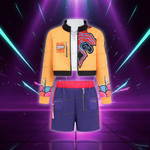 Kids Girls 3Pcs Demon Cosplay Singer Outfit Iridescent Gloss Crop Top Long Sleeve Trim Sequins Outer Wear and Waist Chain Shorts