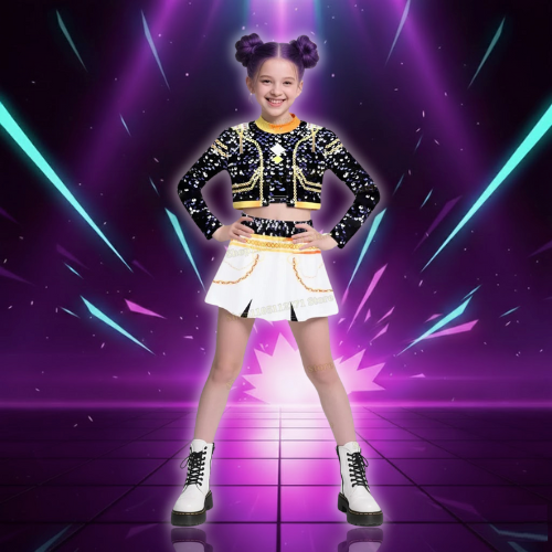 Kids Girls 3Pcs Demon Cosplay Singer Outfit Iridescent Gloss Crop Top Long Sleeve Trim Sequins Outer Wear and Waist Chain Shorts (Copie)