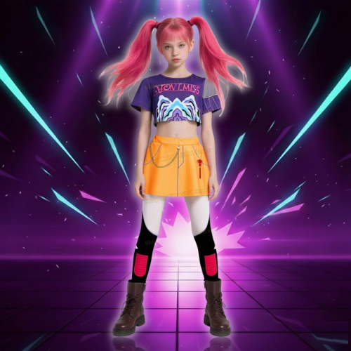 Kids Girls 3Pcs Demon Cosplay Singer Outfit Iridescent Gloss Crop Top Long Sleeve Trim Sequins Outer Wear and Waist Chain Shorts (Copie)