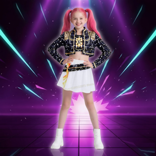 Kids Girls 3Pcs Demon Cosplay Singer Outfit Iridescent Gloss Crop Top Long Sleeve Trim Sequins Outer Wear and Waist Chain Shorts (Copie)