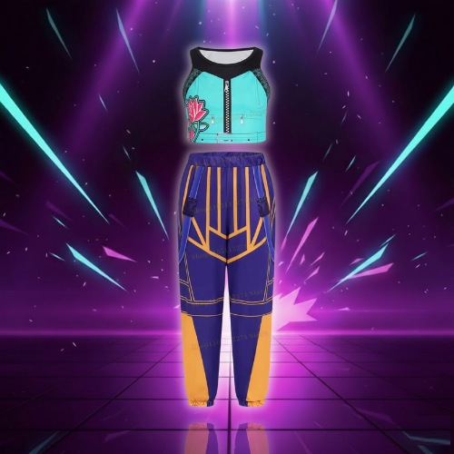 Kids Girls 3Pcs Demon Cosplay Singer Outfit Iridescent Gloss Crop Top Long Sleeve Trim Sequins Outer Wear and Waist Chain Shorts (Copie)