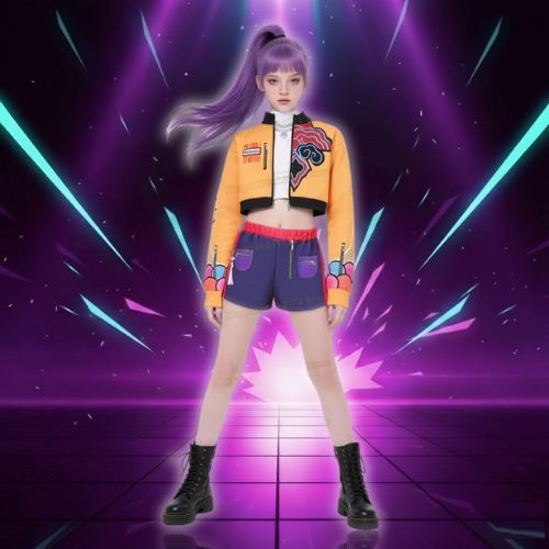 Kids Girls 3Pcs Demon Cosplay Singer Outfit Iridescent Gloss Crop Top Long Sleeve Trim Sequins Outer Wear and Waist Chain Shorts