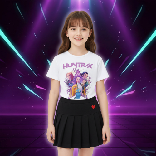 New K Pop Demon Hunters T-shirts Skirt Set Kawaii Cartoon Graphic T-shirt Kids Casual Short Sleeves Tops Summer Girl Clothes