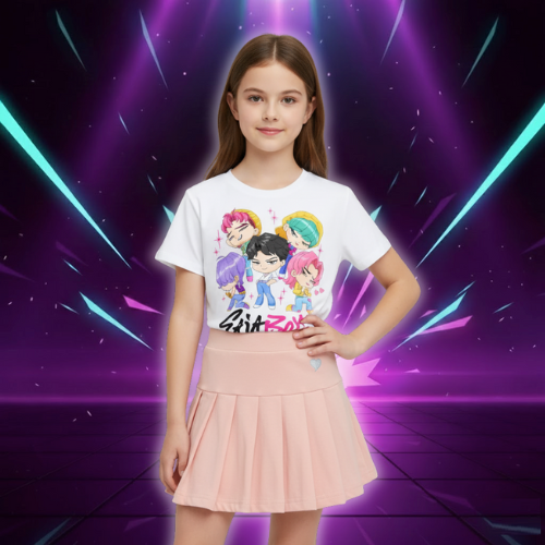New K Pop Demon Hunters T-shirts Skirt Set Kawaii Cartoon Graphic T-shirt Kids Casual Short Sleeves Tops Summer Girl Clothes (Copie)
