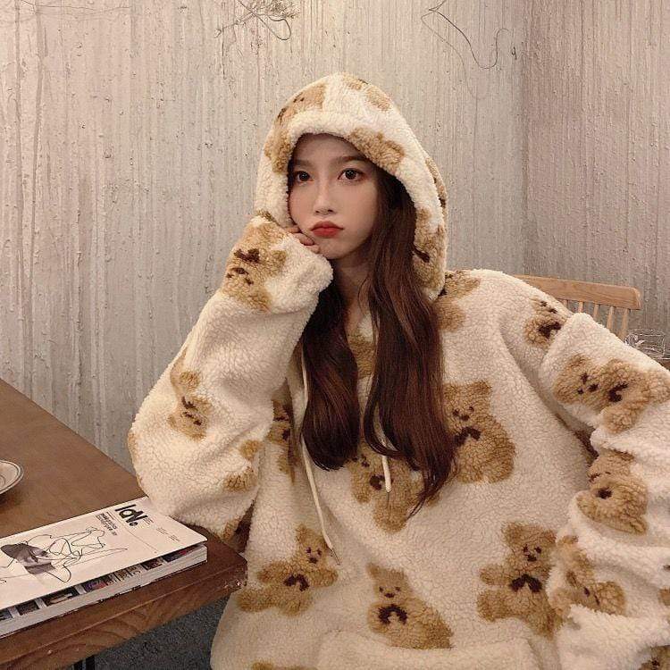 College wind small woolen cute bear lady hoodie loose plus velvet kawaii sweatshirt plus size women's blouse super Dalian hoodie