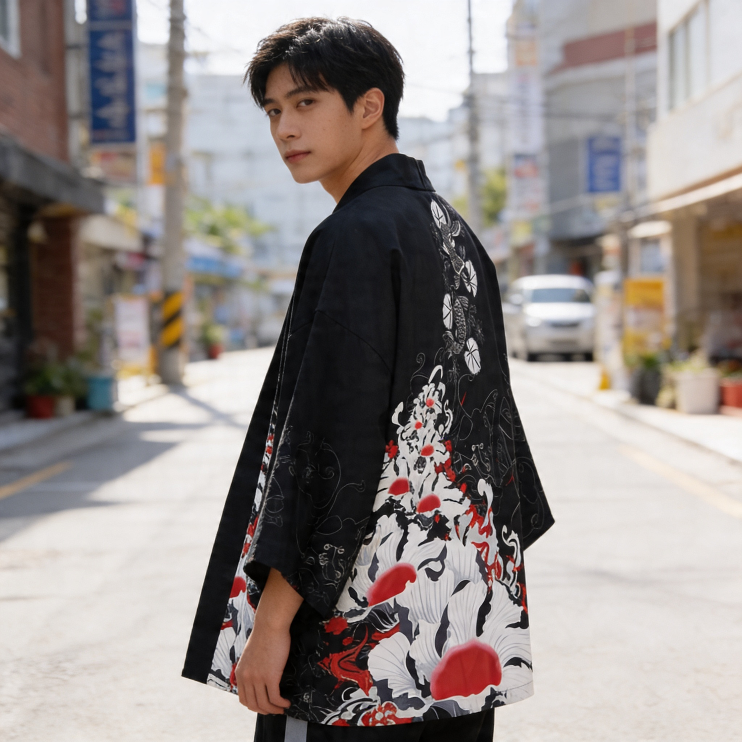 Kimono Streetwear Red Flowers